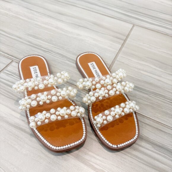 Steve Madden Taye Pearl Beaded Clear Strap Slip On Sandals Bridal Wedding 6.5 - Picture 2 of 10
